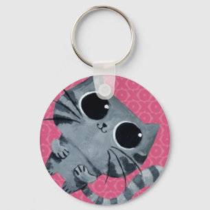 Cute Grey Cat with big black eyes Key Ring