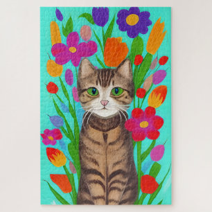 Cute Grey Cat with Colourful Flowers Jigsaw Puzzle