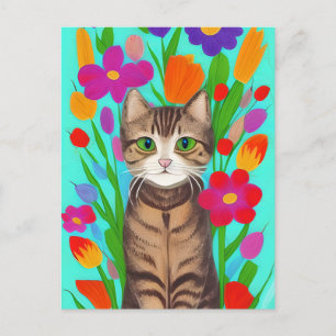 Cute Grey Cat with Colourful Flowers Postcard