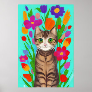 Cute Grey Cat with Colourful Flowers Poster