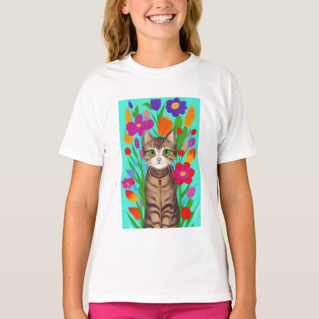 Cute Grey Cat with Colourful Flowers T-Shirt (Front)