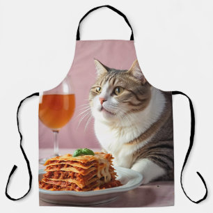 Cute Grey Cat with Lasagne and Wine Glass Apron