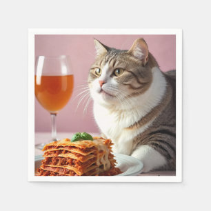 Cute Grey Cat with Lasagne and Wine Glass Napkin