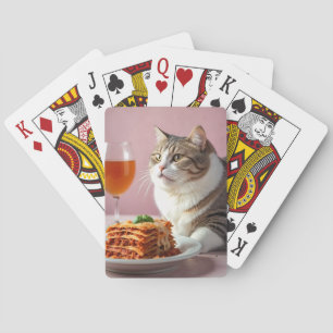 Cute Grey Cat with Lasagne and Wine Glass Playing Cards