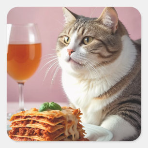 Cute Grey Cat with Lasagne and Wine Glass Square Sticker