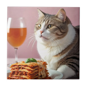 Cute Grey Cat with Lasagne and Wine Glass Tile