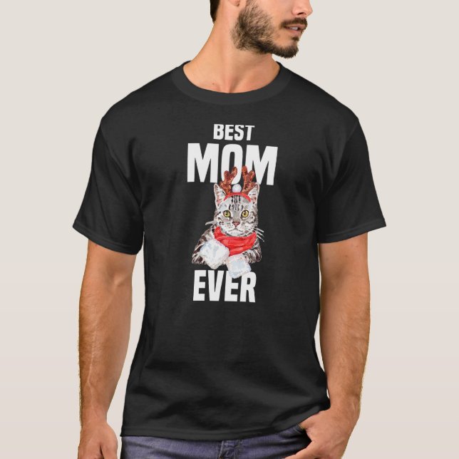 Cute grey cat with reindeer costume Best Mum Ever  T-Shirt (Front)