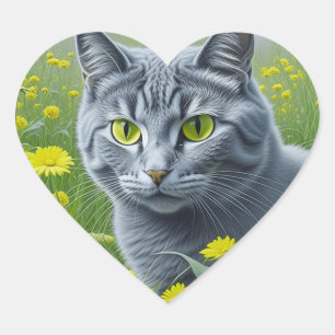 Cute Grey Cat with Yellow Eyes Ai Art Heart Sticker