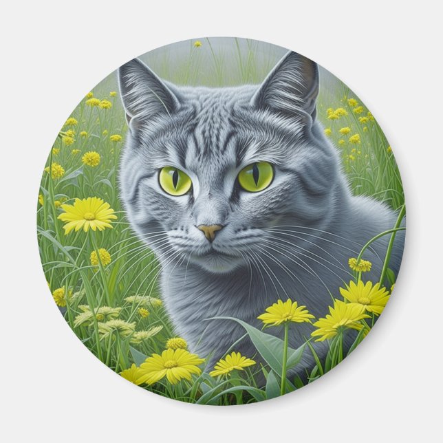 Cute Grey Cat with Yellow Eyes Ai Art Magnet (Front)
