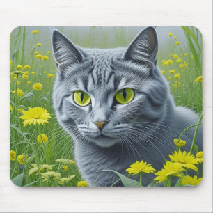 Cute Grey Cat with Yellow Eyes Ai Art Mouse Mat