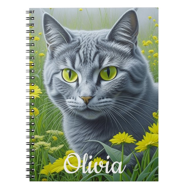 Cute Grey Cat with Yellow Eyes Personalised Notebook (Front)