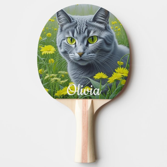 Cute Grey Cat with Yellow Eyes Personalised Ping Pong Paddle (Front)