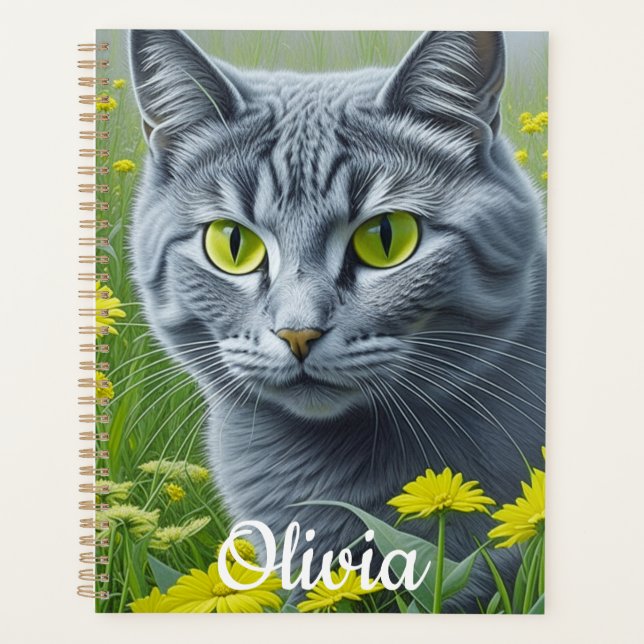 Cute Grey Cat with Yellow Eyes Personalised Planner (Front)