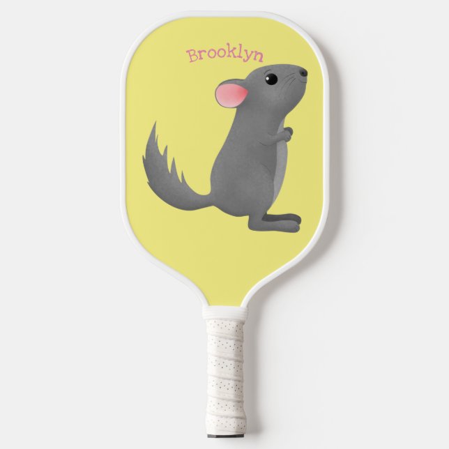 Cute grey chinchilla cartoon illustration pickleball paddle (Front)