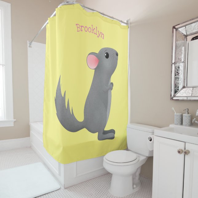 Cute grey chinchilla cartoon illustration  shower curtain (In Situ)