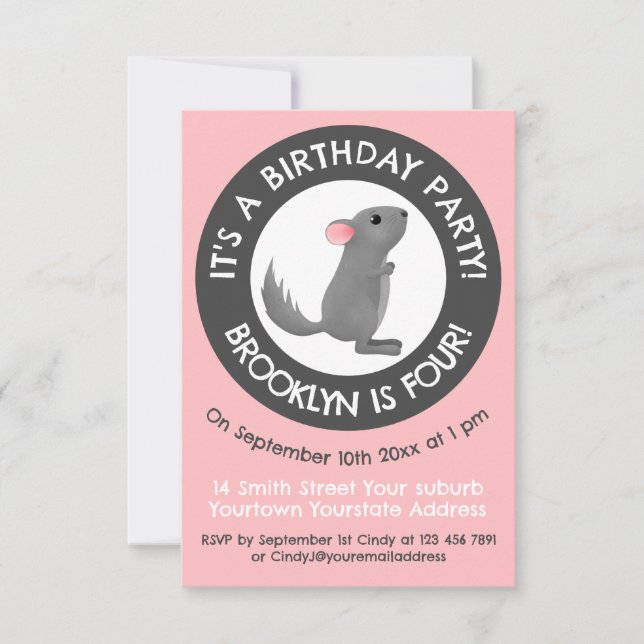 Cute grey chinchilla personalised cartoon birthday invitation (Front)