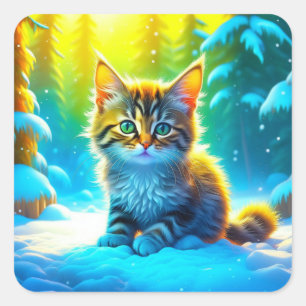 Cute Grey Christmas Kitten Playing in the Snow Square Sticker