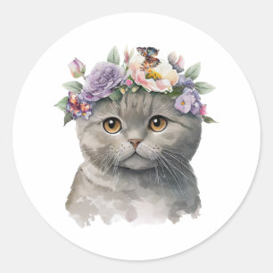 Cute Grey Colour Cat with Flowers & Butterflies  Classic Round Sticker