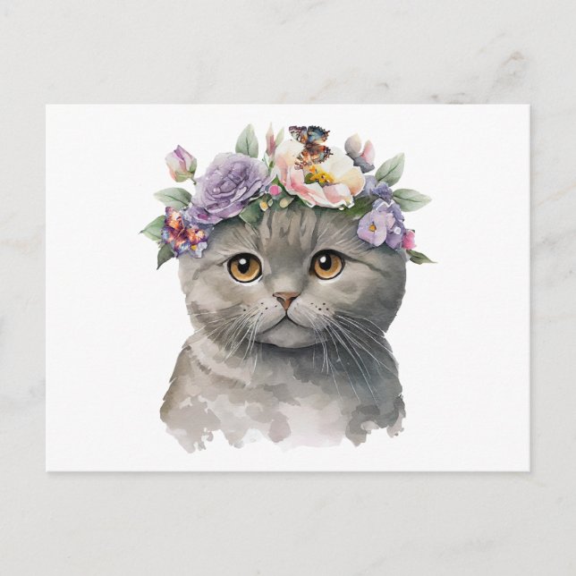 Cute Grey Colour Cat with Flowers & Butterflies  Postcard (Front)