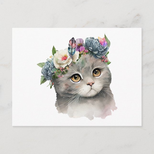 Cute Grey Colour Cat with Flowers Cat Lover  Postcard (Front)