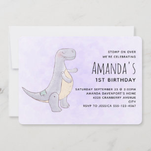 Cute Grey Dinosaur Toy Watercolor Birthday Invitation