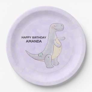 Cute Grey Dinosaur Toy Watercolor Birthday Paper Plate