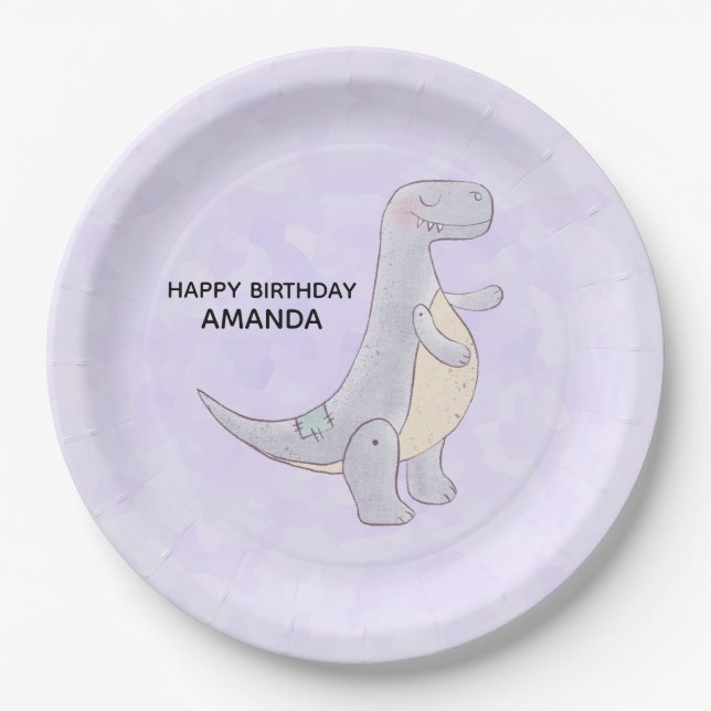 Cute Grey Dinosaur Toy Watercolor Birthday Paper Plate (Front)