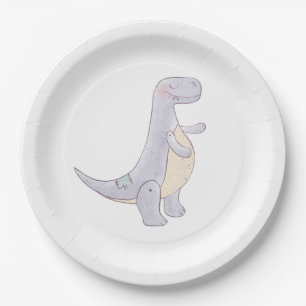 Cute Grey Dinosaur Toy Watercolor  Paper Plate