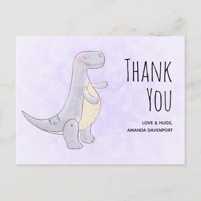 Cute Grey Dinosaur Toy Watercolor Thank You Postcard (Front)