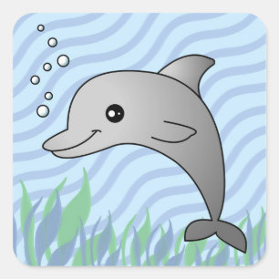Cute Grey Dolphin in Blue Water Square Sticker