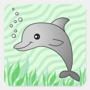 Cute Grey Dolphin in Green Water Square Sticker