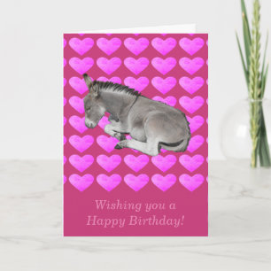 Cute grey donkey on pink hearts birthday card