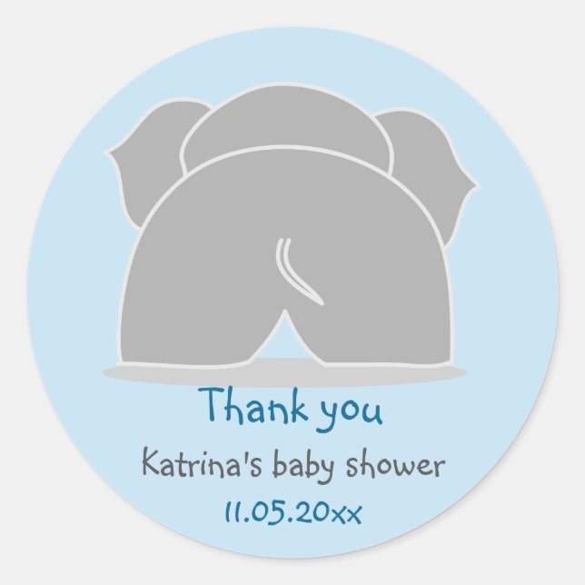Cute Grey Elephant Blue Baby Shower Thank You Classic Round Sticker (Front)