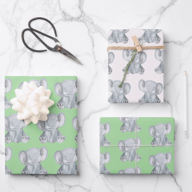 Cute Grey Elephant Design Wrapping Paper (Front)