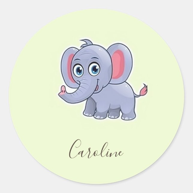 Cute grey elephant green classic round sticker (Front)