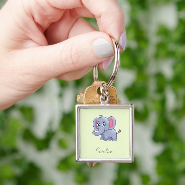 Cute grey elephant green key ring (Hand)