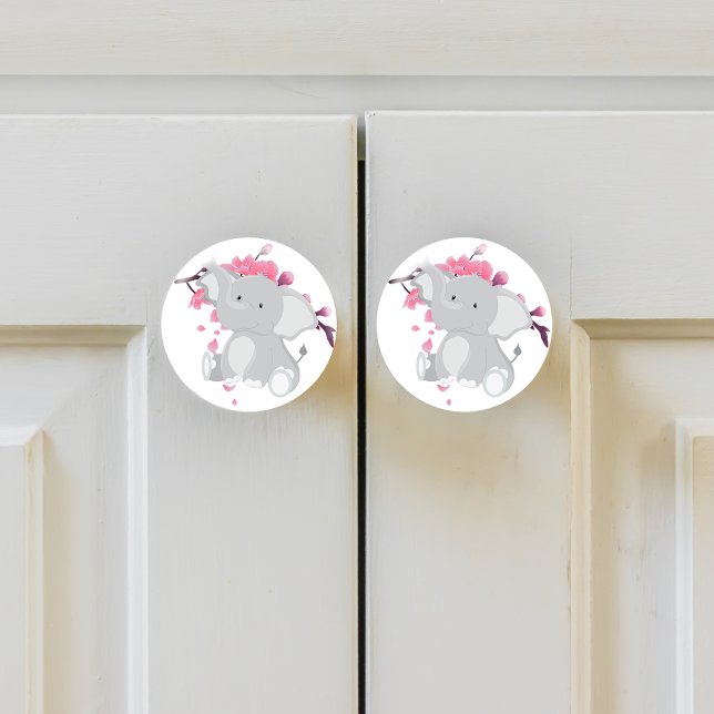 Cute Grey Elephant Pink Japanese Cherry Blossoms Ceramic Knob (Creator Uploaded)