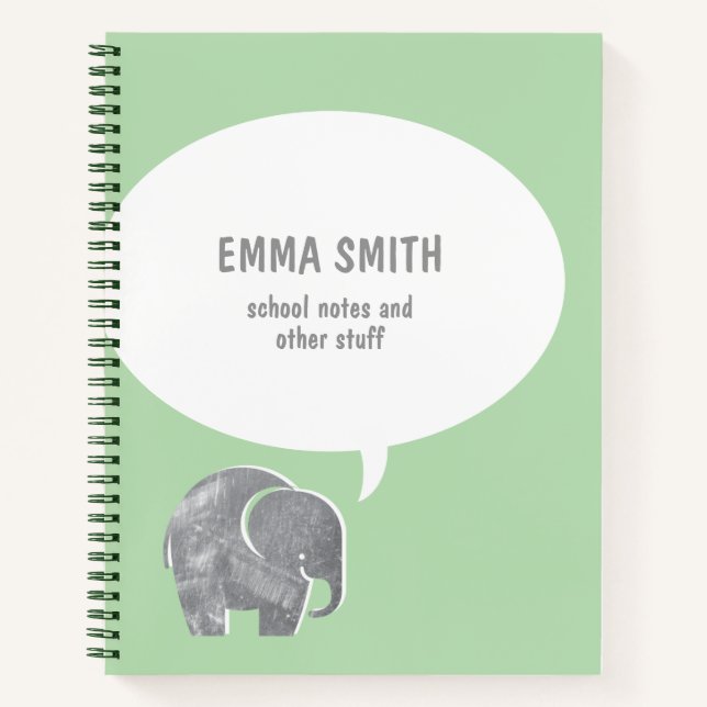Cute Grey Elephant Speech Bubble on Green Kids Notebook (Front)