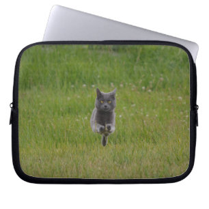 Cute Grey Farm Cat Racing Across Green Grass Photo Laptop Sleeve