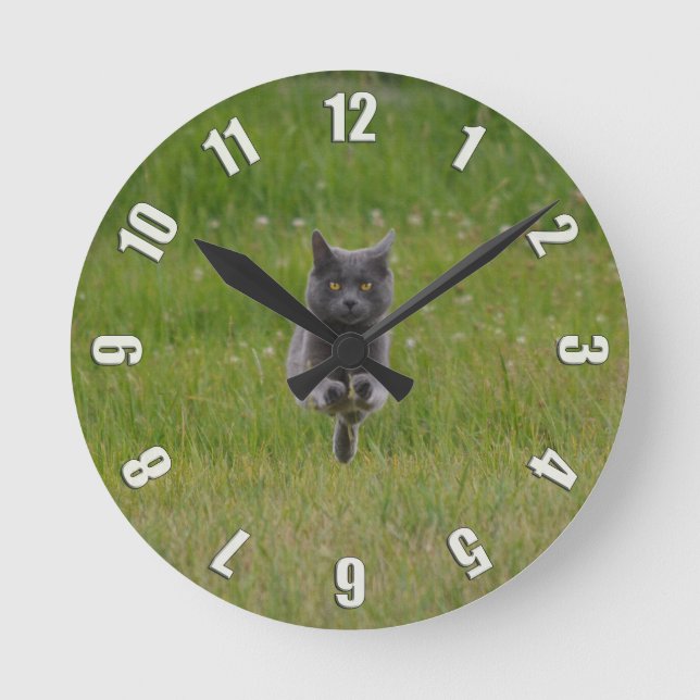 Cute Grey Farm Cat Racing Across Green Grass Photo Round Clock (Front)