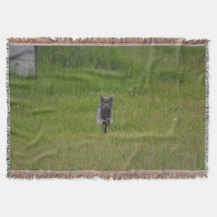 Cute Grey Farm Cat Racing Across Green Grass Photo Throw Blanket