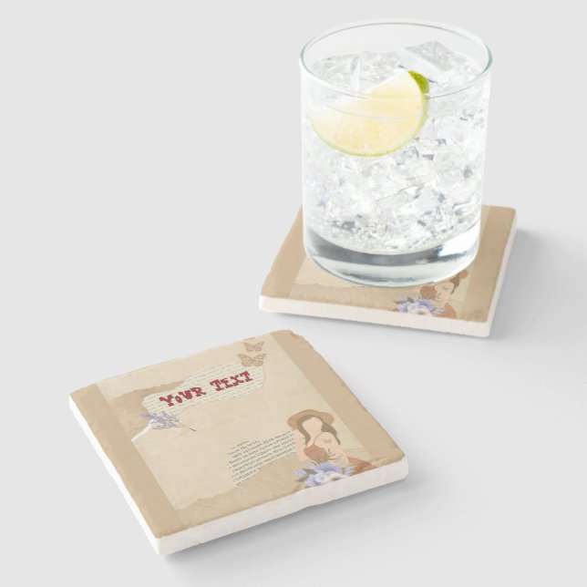 Cute grey, flower, butterfly and text  stone coaster (Side)