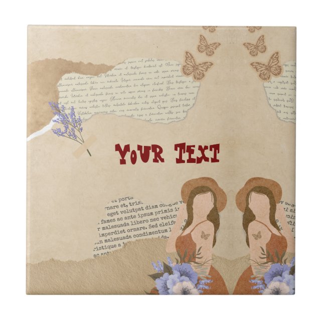 Cute grey, flower, butterfly and text  tile (Front)