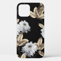 cute grey flowers with brown leaf pattern on black