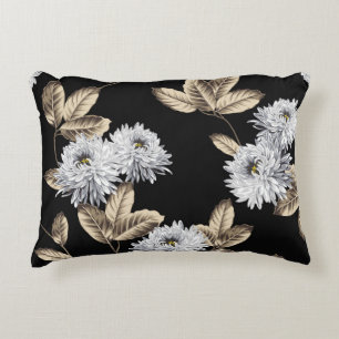 cute grey flowers with brown leaf pattern on black decorative cushion