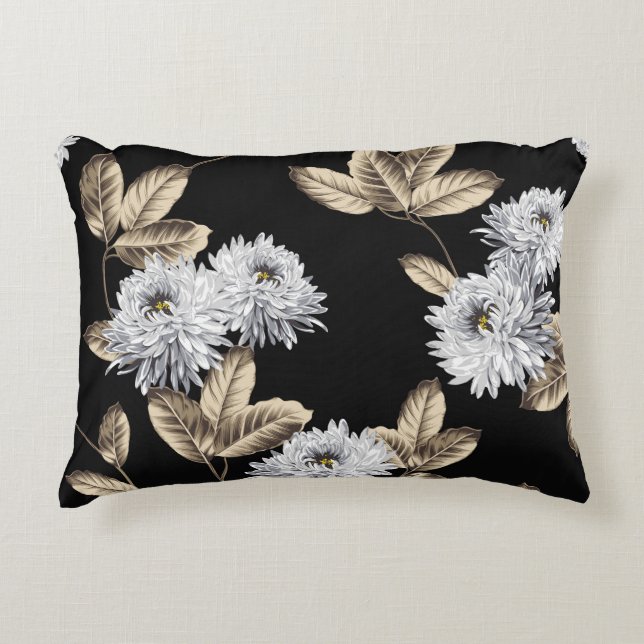 cute grey flowers with brown leaf pattern on black decorative cushion (Front)