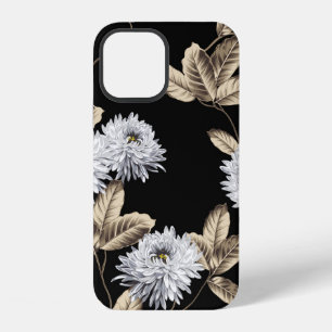 cute grey flowers with brown leaf pattern on black iPhone 12 case