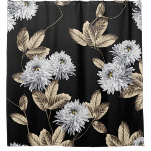 cute grey flowers with brown leaf pattern on black shower curtain