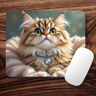 Cute Grey Fluffy Tabby Cat with Diamond Collar Mouse Mat