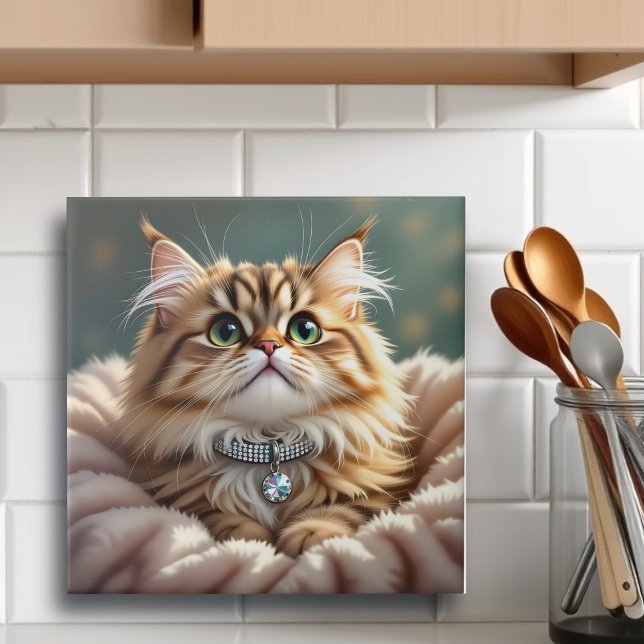 Cute Grey Fluffy Tabby Cat with Diamond Collar Tile (Creator Uploaded)